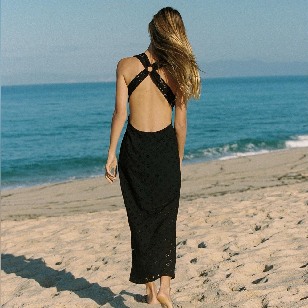 NWT Zara Black CUTWORK EMBROIDERY DRESS - Eyelet and Open Back, V Neck Sz Med - Picture 3 of 11